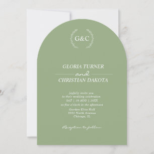 Mongram Sage Green Arch Shape Wedding Einladung