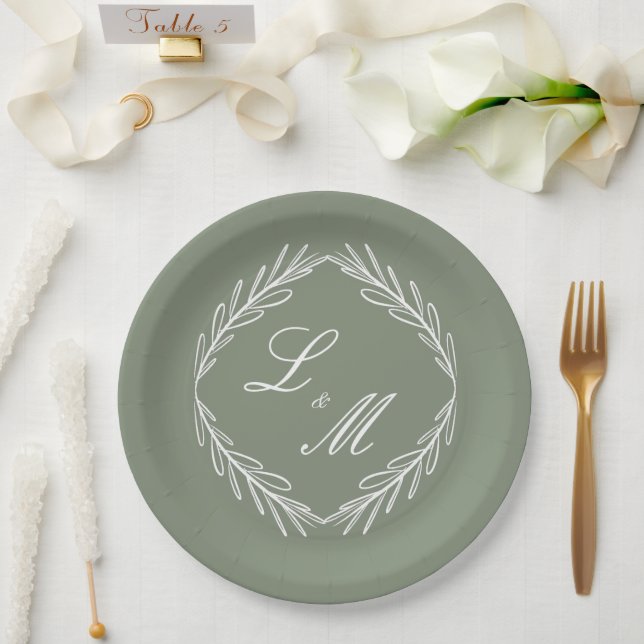 Mongram Script Branch Sage Green Wedding Pappteller (Hochzeit)