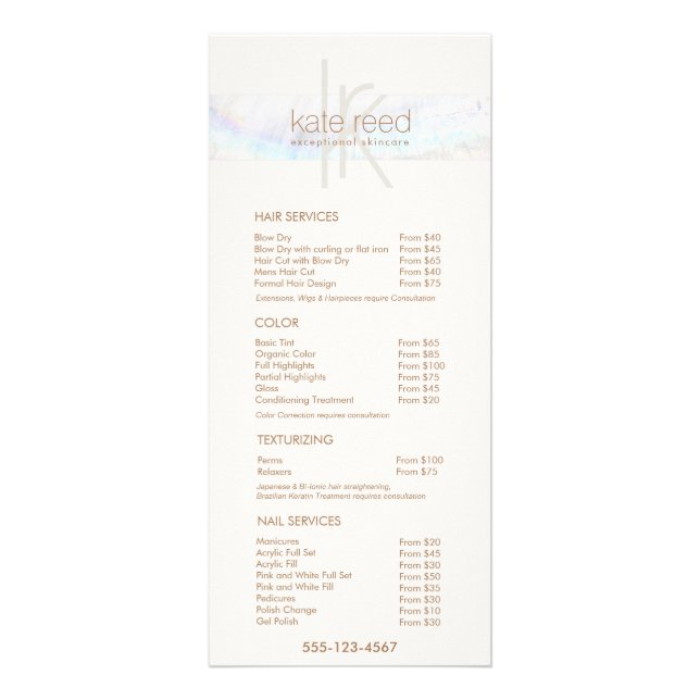 Mongram Seashell Salon Price List Service Menu Werbekarte (Vorne)