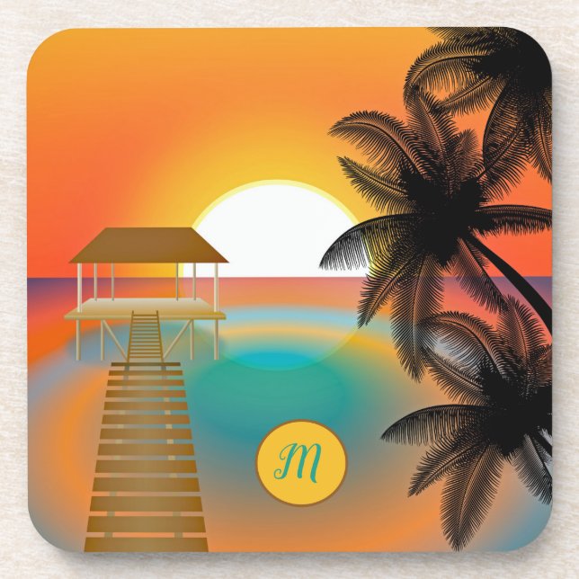 Mongram Tropical Paradise Ocean Sunset Getränkeuntersetzer (Vorderseite)