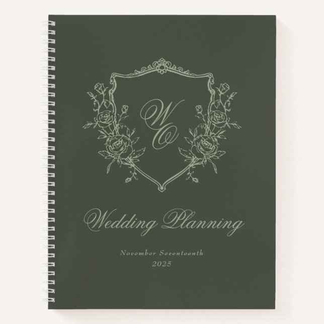 Mongram Wappen Olive Sage Hochzeitsplaner Notizbuch (Vorderseite)