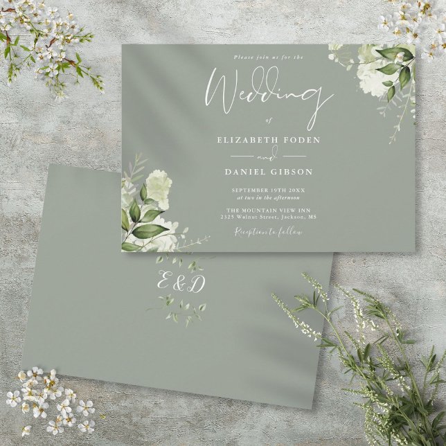 Mongram Wedding Green Botanical Greenerity Einladung (Sage Green Botanical Greenery Monogram Wedding Invitation)
