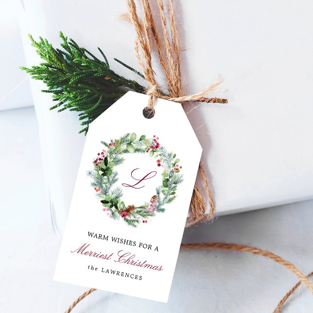 Mongram Winter Greenerity Wreath Holiday Geschenkanhänger (Monogram Winter Greenery Wreath Holiday Gift Tags)