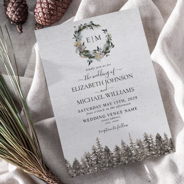 Mongram Winter Watercolor Floral Wreath Wedding Einladung (Winter Wedding Invitation)