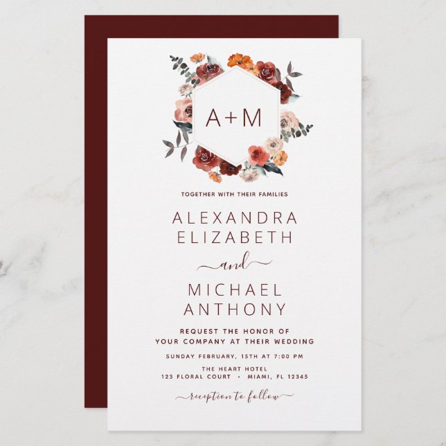 Mongramm Burgundy Blumengrün Hochzeit (Vorne/Hinten)