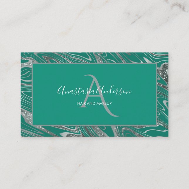 Mongramm für den Aquamarinen grünen Silbermor-Glit Visitenkarte (Vorderseite)