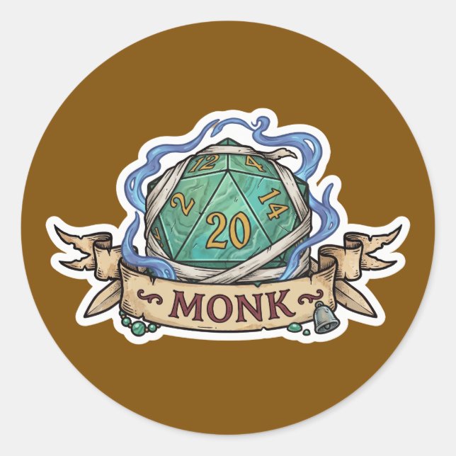 Monk D20 Class Crest Sticker - Funny D&D Monk Dice (Vorderseite)