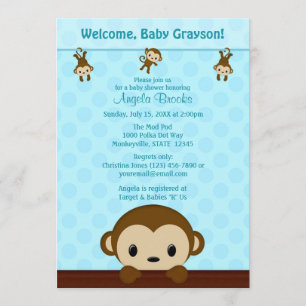 MONKEY Baby Dusche Einladung Polka Dot BLUE MPP3