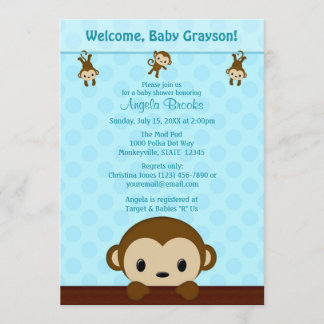 MONKEY Baby Dusche Einladung Polka Dot BLUE MPP3