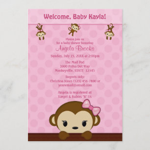 MONKEY Baby Dusche Einladung Polka Dot PINK GIRL