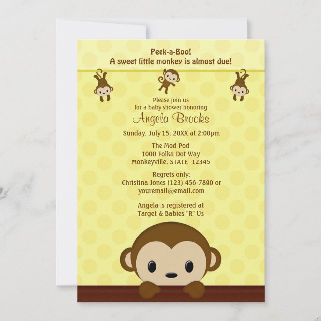 MONKEY Baby Dusche Einladung Polka Dot YELLOW MPP (Vorderseite)