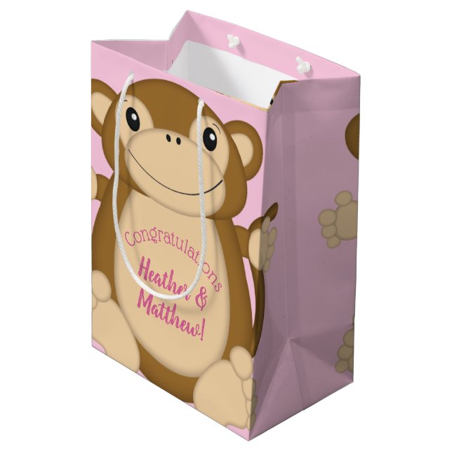 Monkey Baby Dusche Pink Mittlere Geschenktüte (Rückseite Schrägansicht)