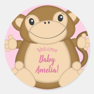 Monkey Baby Dusche Pink Runder Aufkleber