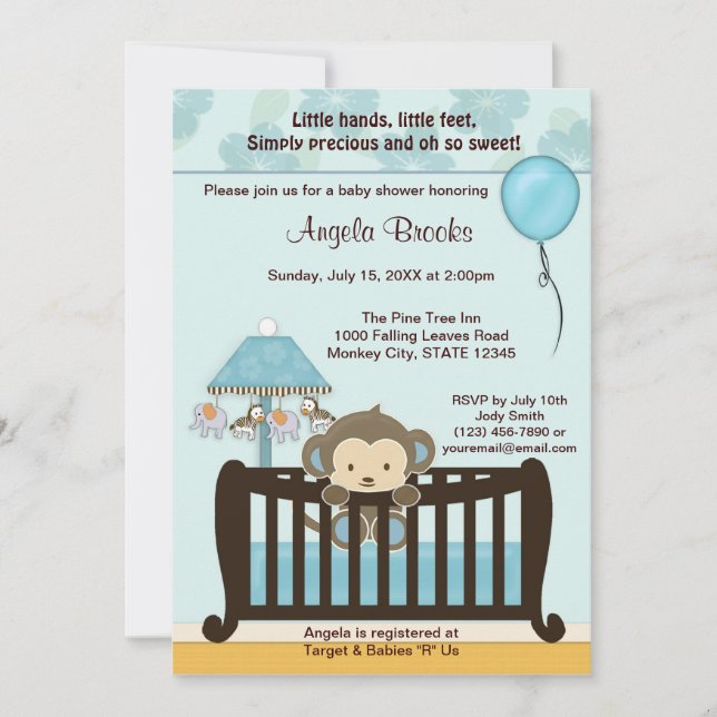 MONKEY Baby Shooter Invitation Crib CJ-BLUE Junge Einladung (Vorderseite)