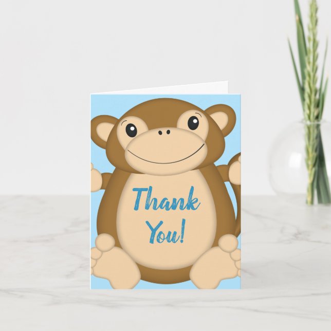 Monkey Baby Shower Blue Dankeskarte (Vorderseite)
