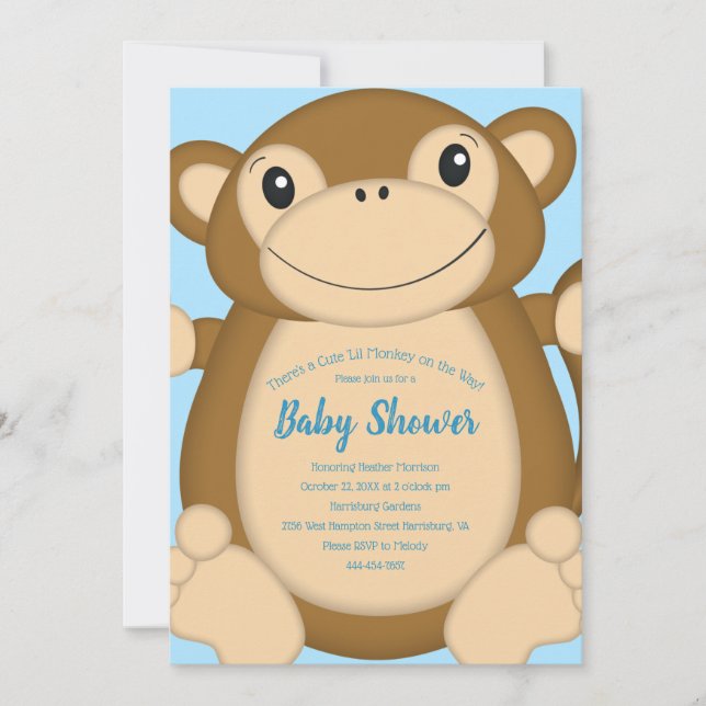 Monkey Baby Shower Blue Einladung (Vorderseite)