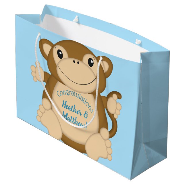 Monkey Baby Shower Blue Große Geschenktüte (Rückseite Schrägansicht)