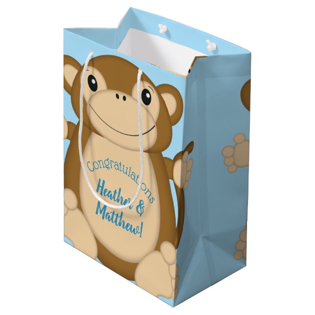 Monkey Baby Shower Blue Mittlere Geschenktüte (Rückseite Schrägansicht)
