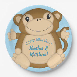 Monkey Baby Shower Blue Pappteller