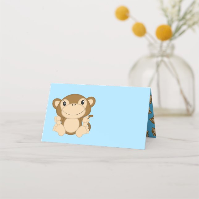 Monkey Baby Shower Blue Platzkarte (Vorderseite)