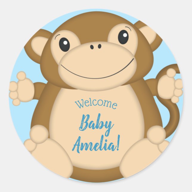 Monkey Baby Shower Blue Runder Aufkleber (Vorderseite)