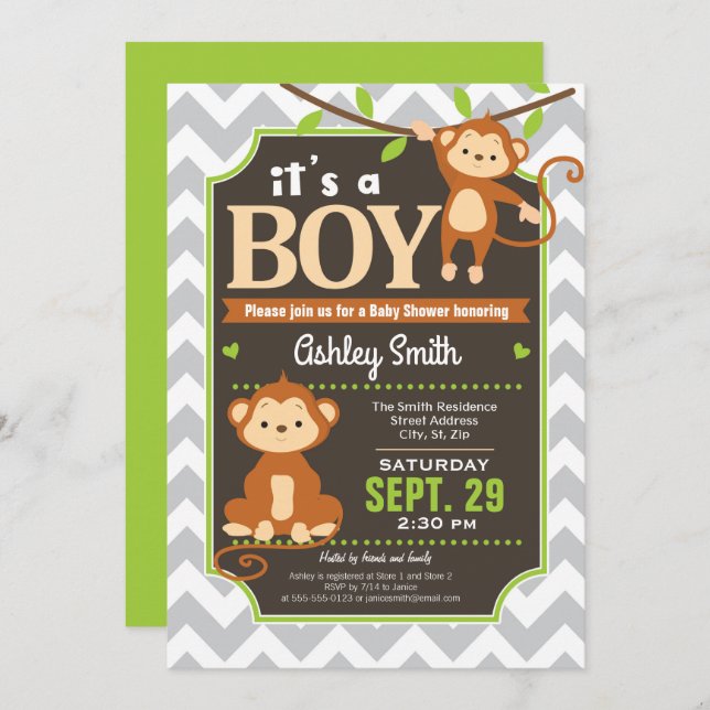 Monkey Baby Shower Einladung Junge (Vorne/Hinten)
