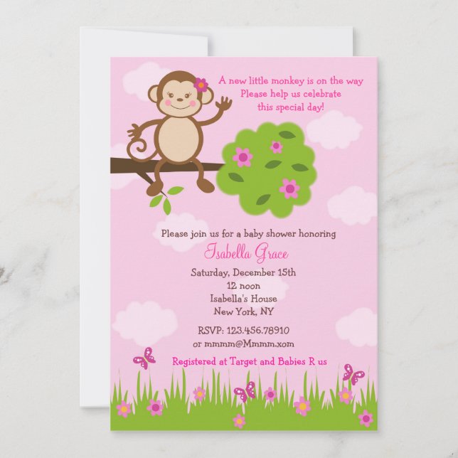 Monkey Baby Shower Einladungen Mädchen (Vorderseite)