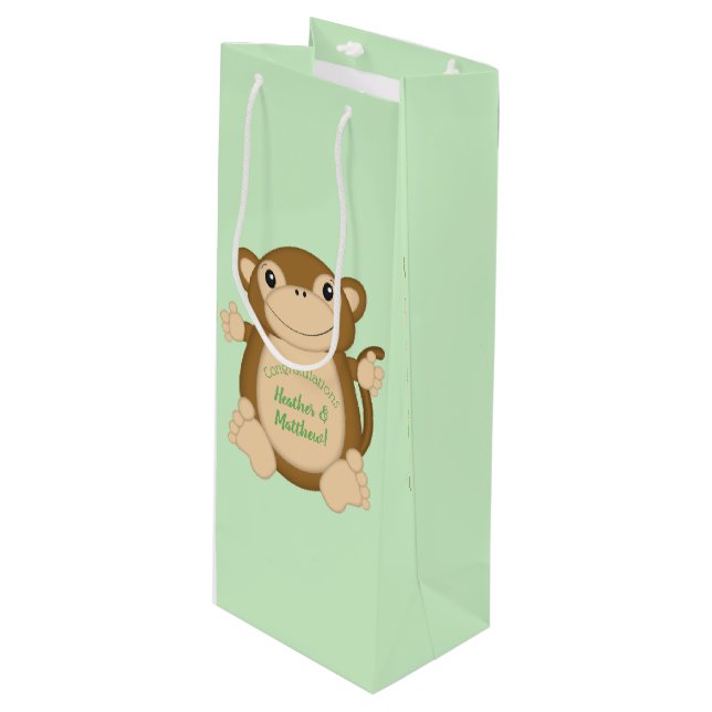 Monkey Baby Showgrün Geschenktüte Für Weinflaschen (Vorderseite Schrägansicht)