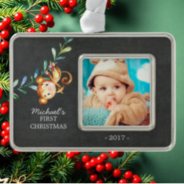 Monkey Baby's First Christmas Foto Ornament Rahmen-Ornament Silber