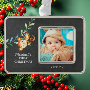 Monkey Baby's First Christmas Foto Ornament Rahmen-Ornament Silber