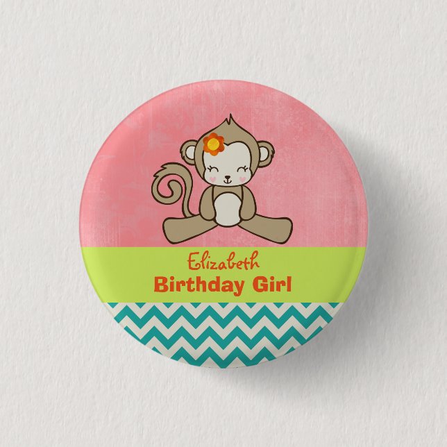 Monkey Birthday Girl Niedlich Kawaii Button (Vorderseite)