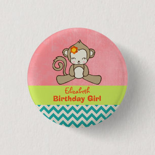 Monkey Birthday Girl Niedlich Kawaii Button