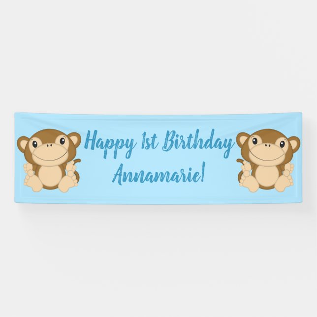 Monkey Birthday Party Blue Banner (Horizontal)