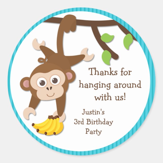 Monkey Birthday Party Danke Stickers (Vorderseite)