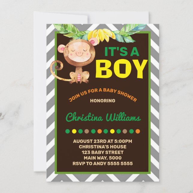 Monkey Boy Baby Shower Dschungel Einladung (Vorderseite)