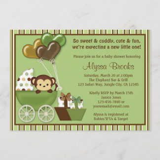Monkey Carriage v1 Green Baby Shower Einladungen