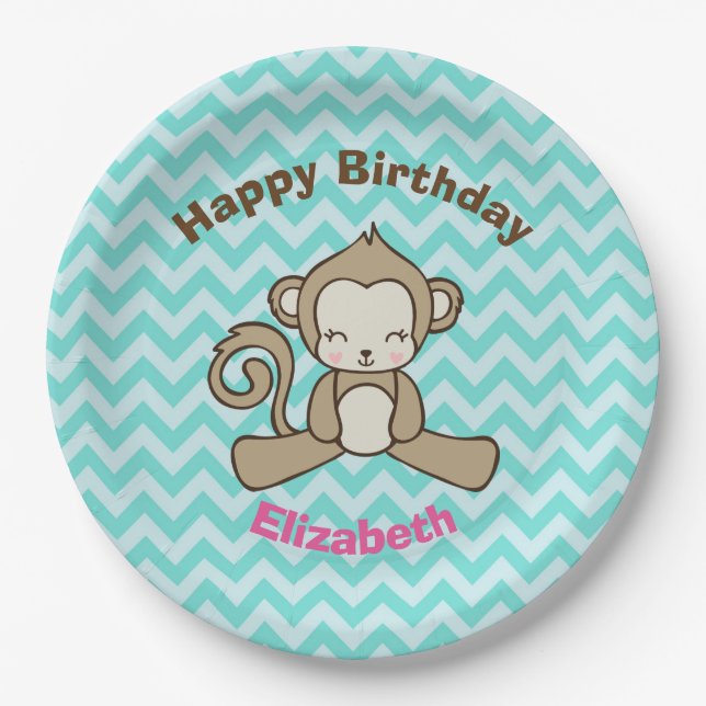 Monkey Cartoon Niedlich Kawaii Happy Birthday Pappteller (Vorderseite)
