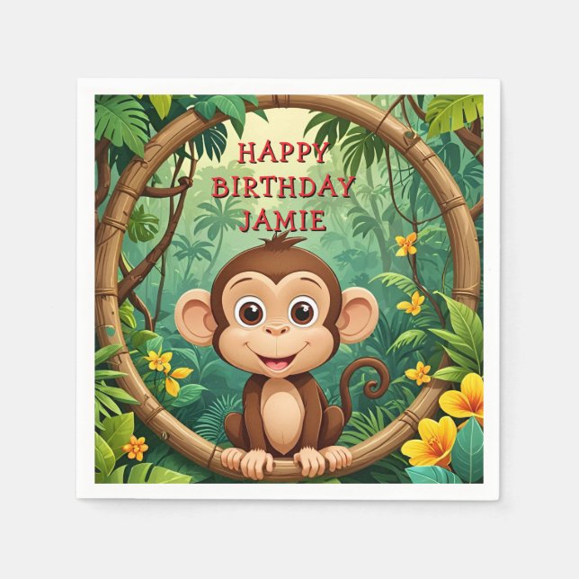 "Monkey Cartoon Party NAPKIN - Custom Text Kids" Serviette (Vorderseite)