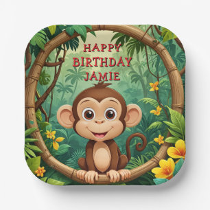"Monkey Cartoon Party Plate - Custom Text Kids" Pappteller