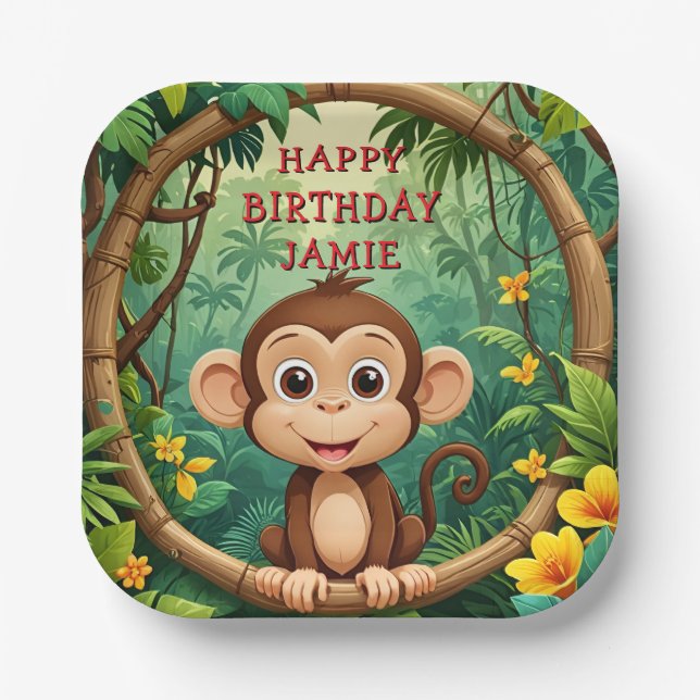 "Monkey Cartoon Party Plate - Custom Text Kids" Pappteller (Vorderseite)