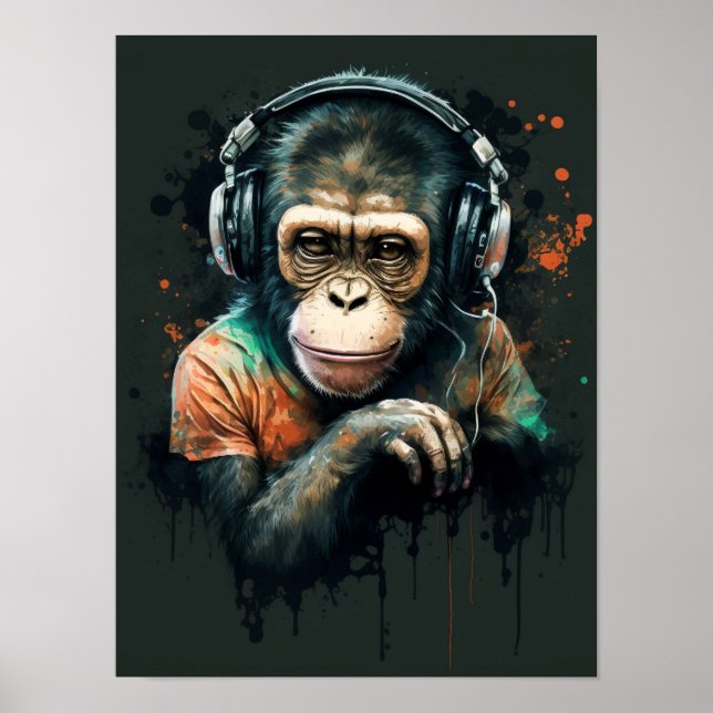 Monkey Chimp DJ mit Kopfhörer , Musikfreund. Poster (Vorne)