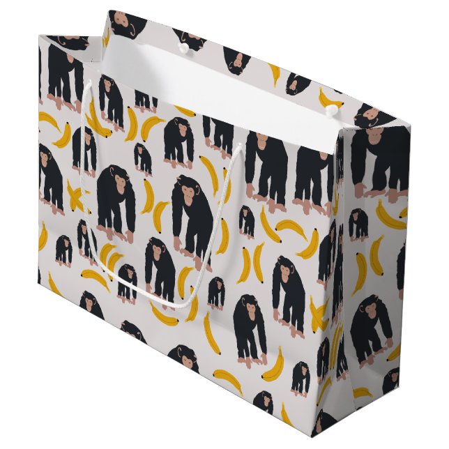Monkey Chimpanzee & Banana Pattern Große Geschenktüte (Vorderseite Schrägansicht)