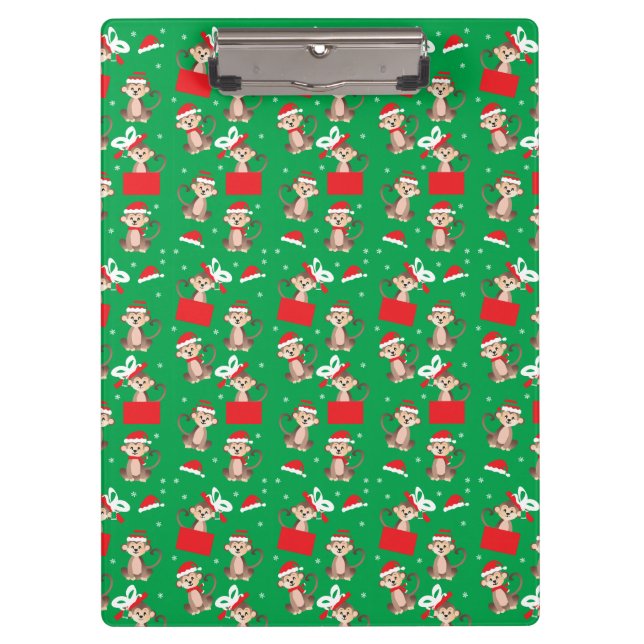Monkey Christmas Pattern Red Green Klemmbrett (Vorderseite)