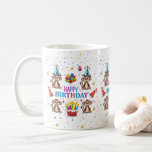 Monkey Cupcake Happy Birthday Mug  Kaffeetasse (Mit Donut)