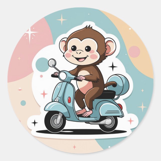 Monkey driving a scooter runder aufkleber (Vorderseite)