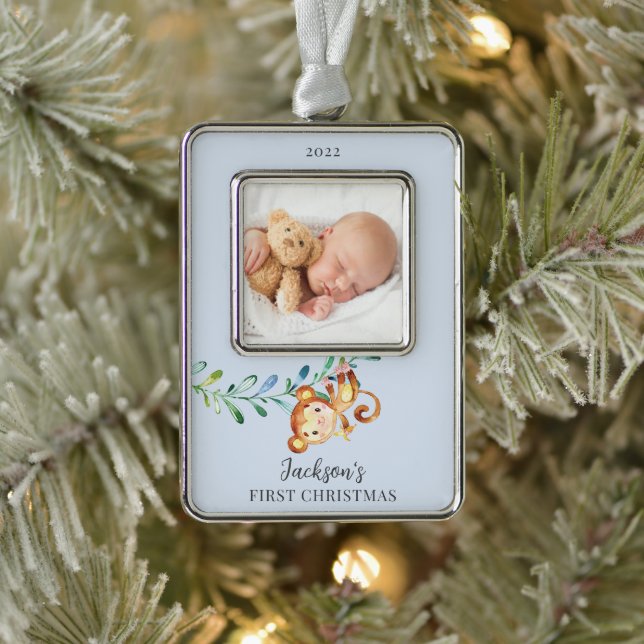 Monkey First Christmas Foto Christmas Rahmen-Ornament Silber (Baum)
