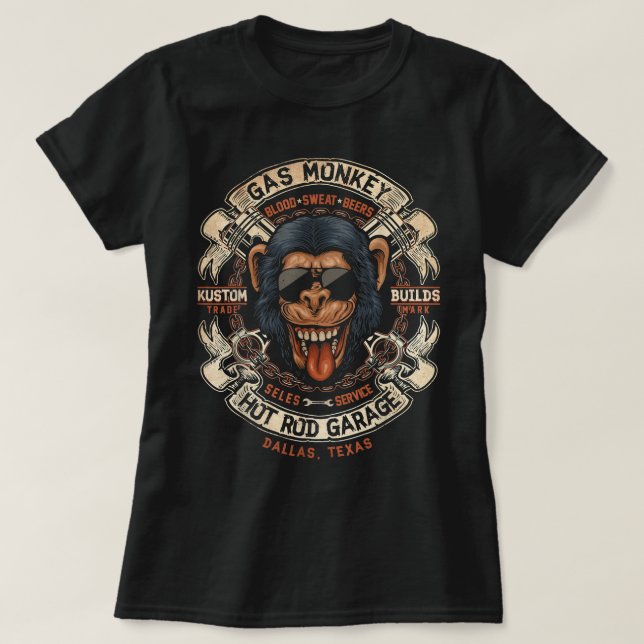 Monkey Gas Crossed Pistons Ribbon Logo T-Shirt (Design vorne)