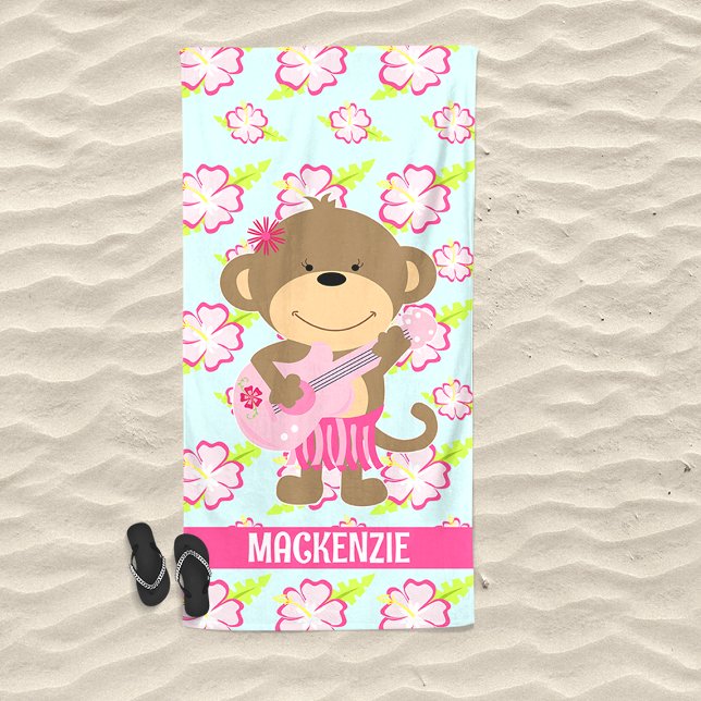 Monkey Hibiskus Ukelele Niedlich Strandtuch (Hula Monkey with Ukelele Pink Tropical Beach Towel)
