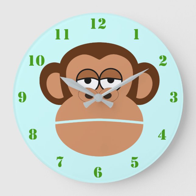 MONKEY ILLUSTRATION MIT GRÜNEN NUMMERN FÜR KINDER GROßE WANDUHR (Vorderseite)