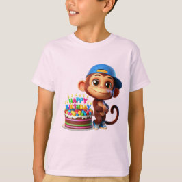 Monkey in a Baseball Cap with a Cake, Happy Birth T-Shirt
